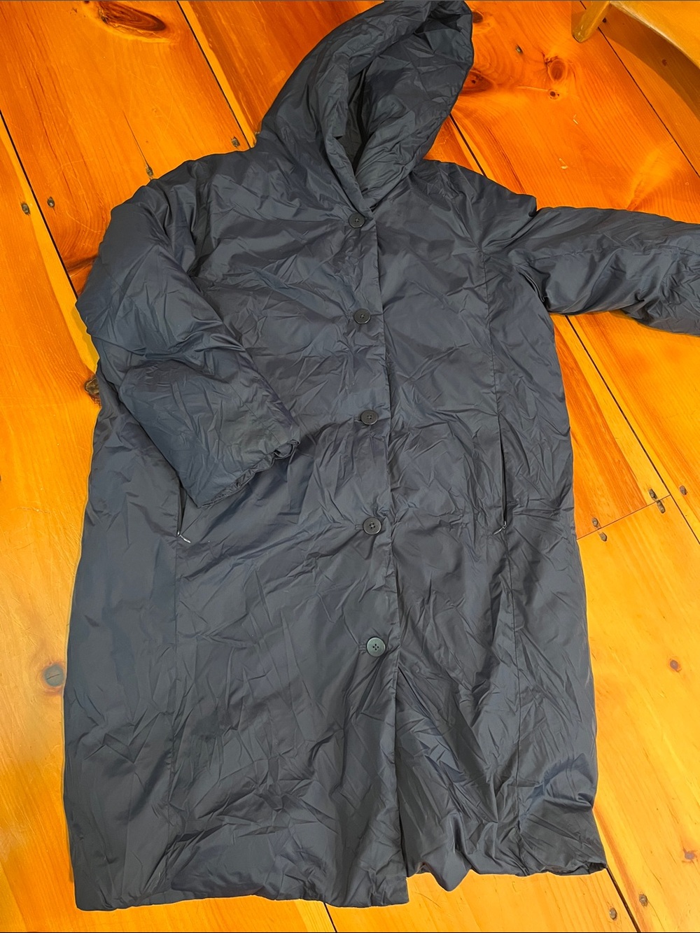 EILEEN FISHER L Blue Duck Down Hooded Jacket Recycled Nylon Button Up Eggshell